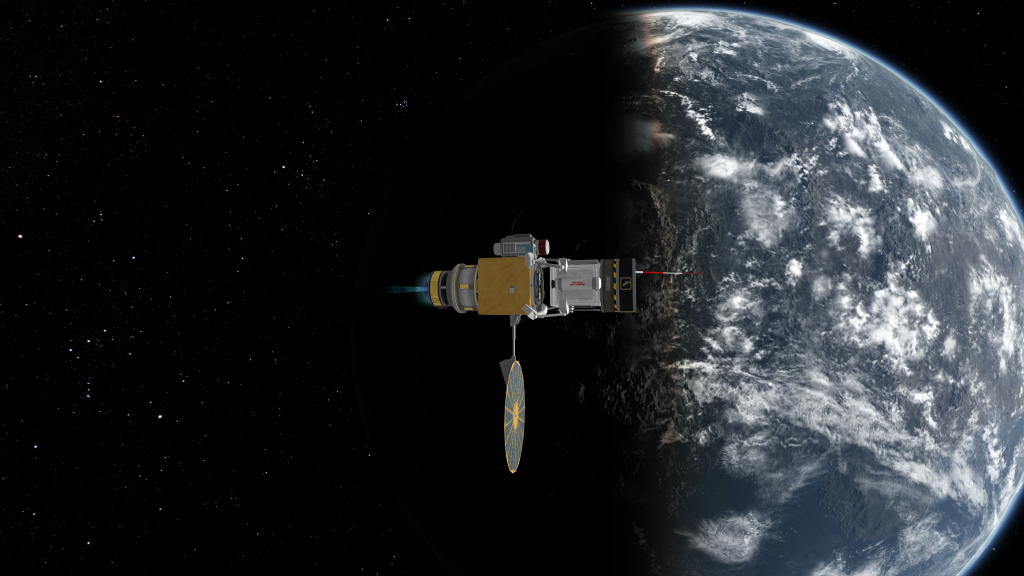 A simple satellite design being tested for functionality in Kerbal Space Program.